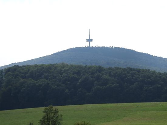 Blick über Wiesen und Wald zum Dünsberg mit seinem markanten Turm